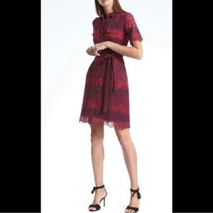 BANANA REPUBLIC Short Sleeve Lace Shirt Dress Striped Pink Purple Magenta Maroon